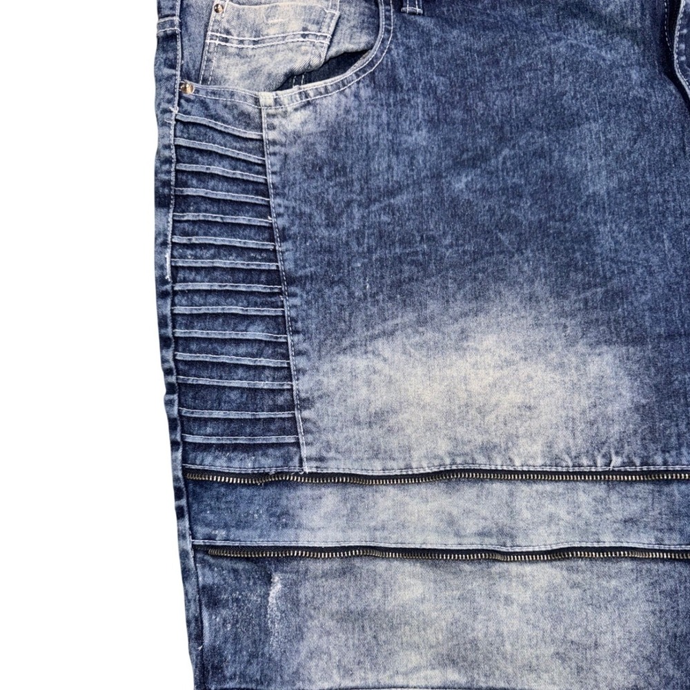 Southpole Mens Blue Acid Wash Biker Denim Shorts Moto Ribbed Zippers Size 52 - Picture 10 of 13